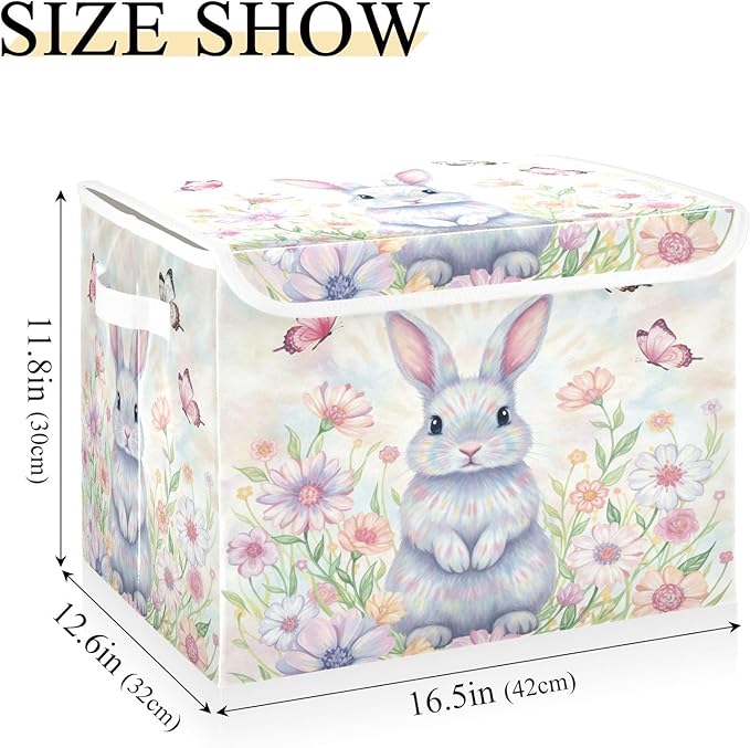 Bolaz Happy Easter Day Bunny Eggs Spring Flowers05 Storage Bins with Lids and Handles Foldable Storage Box Storage Basket with Cover Collapsible Organizer Containers for Home Closet Shelves
