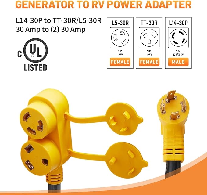 MECMO 30 Amp RV Generator Power Adapter Cord - NEMA L14-30P Male to Dual TT-30R &amp L5-30R Female Outlets 4 Prong Twist Lock 30A 125/250V to Two 30A 125V Splitter for Travel Trailer Camper ETL Lis