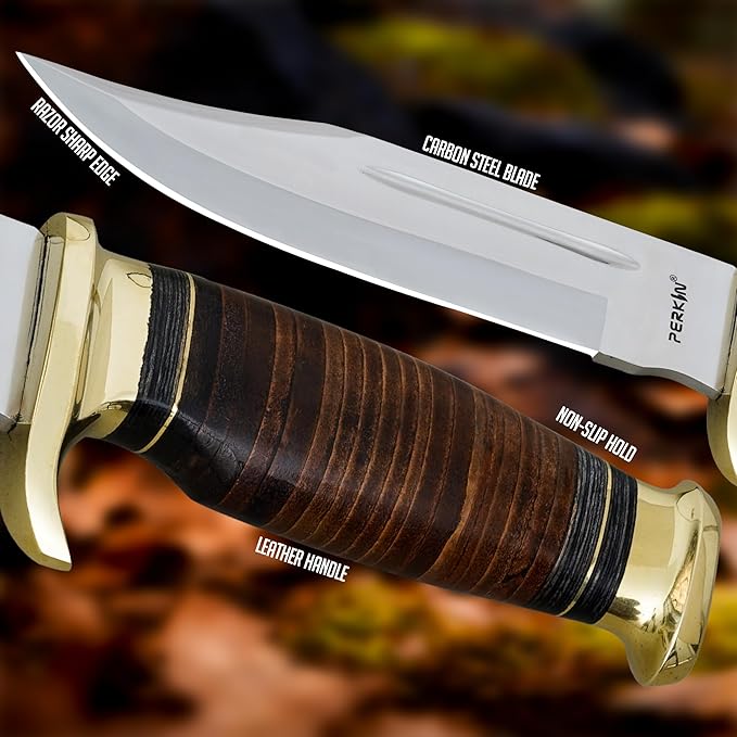 Perkin Personalized Hunting Knife with Free Engraving – Handmade 12.5” Fixed Blade with Leather Handle &amp Sheath Survival Gift for Men - Bowie Knife