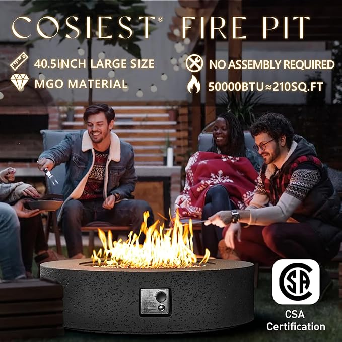 COSIEST 42 inch Outdoor Propane Fire Pit Coffee Table w Concrete Round Base Patio Heater 50000 BTU Stainless Steel Burner Free Lava Rocks Rain Cover Gray