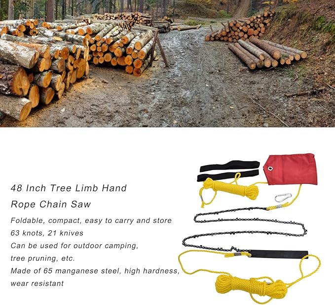 48 Inch Rope Saw 63 Teeth High Limb Rope Saw Hand Pulled Saw Chain Folding Pocket Chainsaw Limb Saw Hand Saws for Tree Trimming
