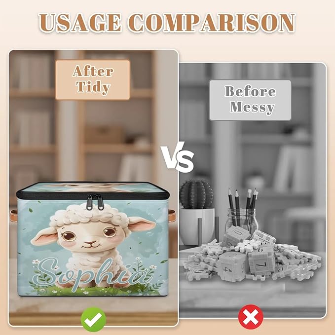 Custom Storage Basket with Name Personalized Storage Bins with Zipper Lid Foldable Fabric Storage Box Large capacity with Handle Flower Sheep