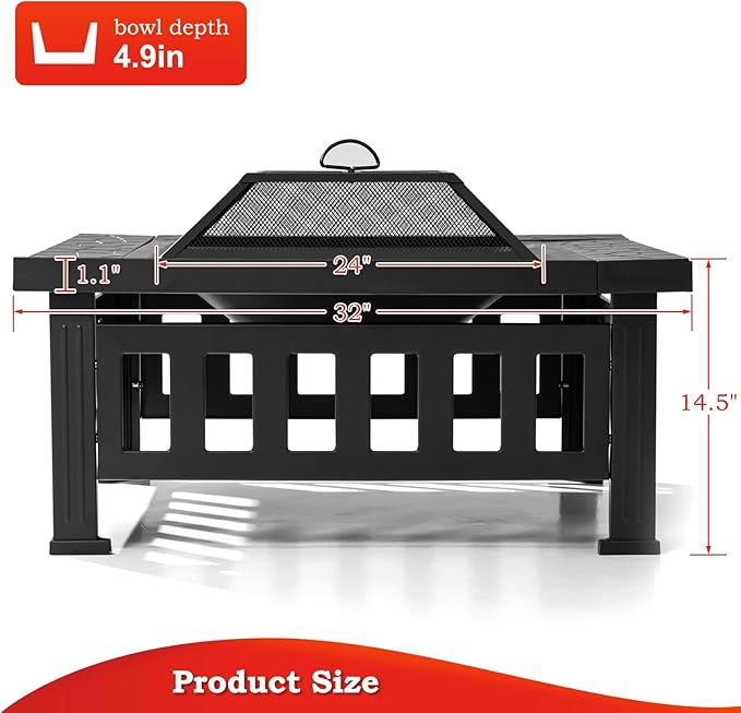 SINGLYFIRE 32 Inch Fire Pit Table for Outside Square Metal Firepit Outdoor Wood Burning Large Steel Bonfire Pit for Patio Backyard Garden with Spark ScreenLog GratePoker