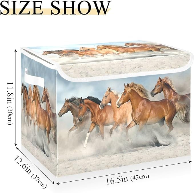 Running Horses Storage Bins with Lids Large Collapsible Storage Basket with Handles Cute Horse Foldable Fabric Storage Box Organizer for Clothes Closet Cabinet Home Office Bedroom