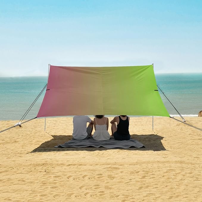 Red Green Gradient Beach Tent UPF50+ Protection Waterproof Sun Shelter with Sand Shovel Sandbags for Camping Trips Fishing Backyard Fun or Picnics