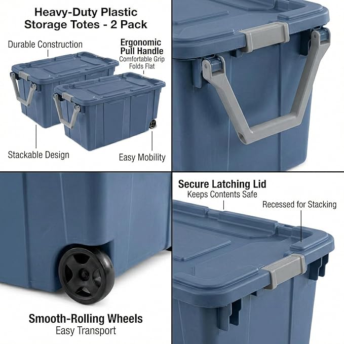 40 Gallon Plastic Storage Box with Wheels and Lids Stackable Industrial Tote Pack of 2 (Blue)