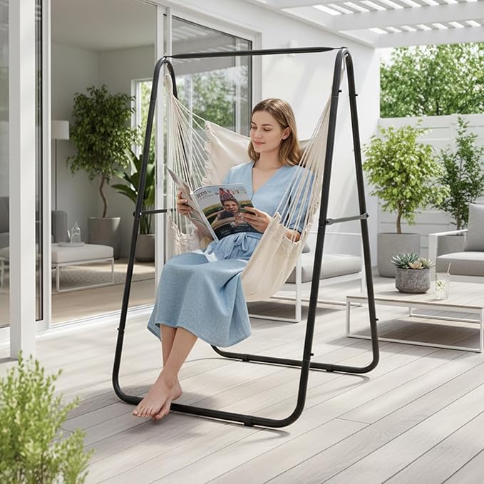 ONCLOUD 600LBS Heavy-Duty Hammock Chair Stand A-Shaped Universal Multi-Use Steel Hanging Chair Stand with Hook Durable Swing Stand for Indoor Outdoor Weather Resistant Support Base Black