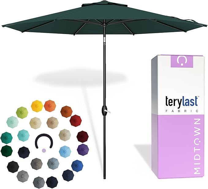 Midtown Umbrellas - 10-Year-No-Fade 10 Ft Patio Umbrella with Terylast Fabric Auto-Tilt Aluminum Frame and 8 Reinforced Ribs for Deck Pool Garden &amp Beach - Forest Green Canopy Black Pole