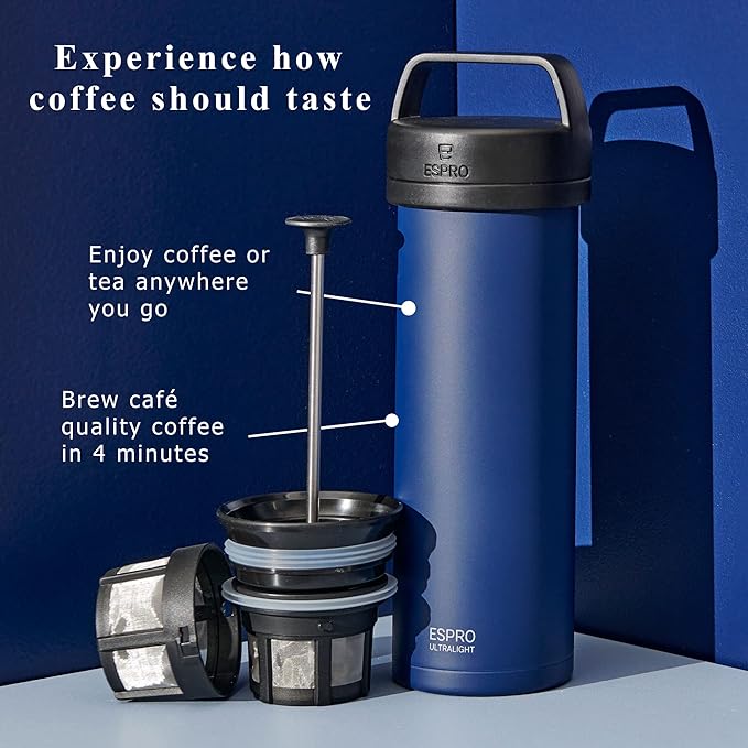 ESPRO Go P0 Ultralight French Press Coffee Maker for Travel Vacuum Insulated Stainless Steel 16 Ounces Aegean Blue