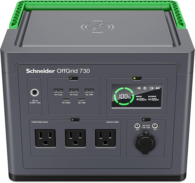 Schneider OffGrid 738Wh Portable Power Station PPS730 Portable Solar Generator with Wireless Charging Pad for Camping or Home