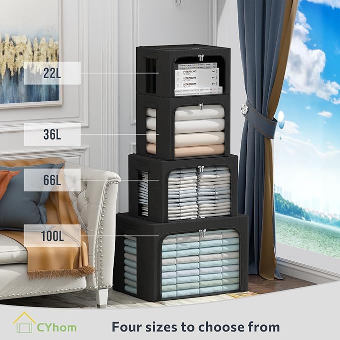 CYhom Clothes Storage Bins Box - Linen Fabric Foldable Stackable Container Organizer Set with Clear Window &amp Carry Handles &amp Metal Frame (Black Medium-36L)
