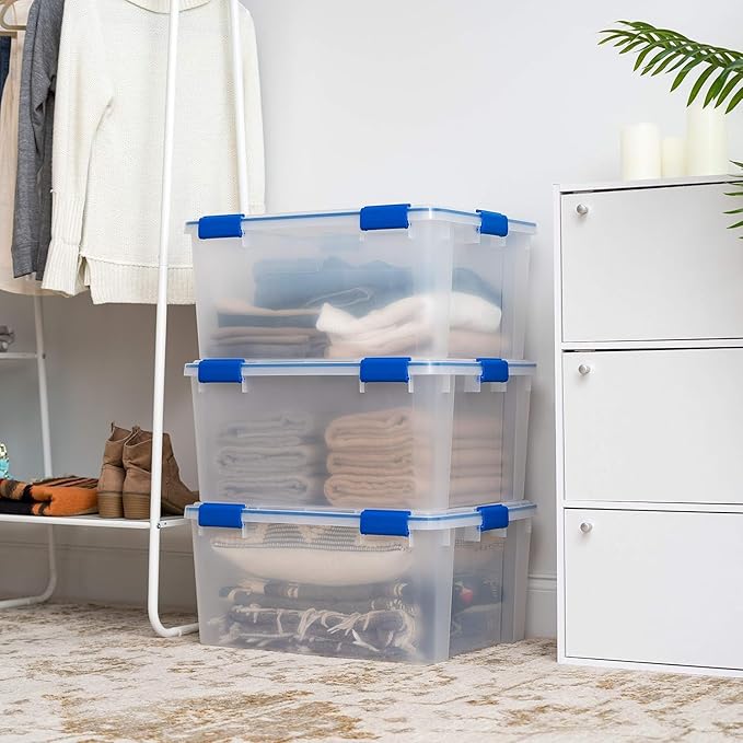IRIS USA WeatherPro 60 Qt Storage Bins with Lids 3 Pack BPA-Free Plastic Gasket Box with Tight Latch and Seal Stackable Nestable Tote Tub - Clear/Blue