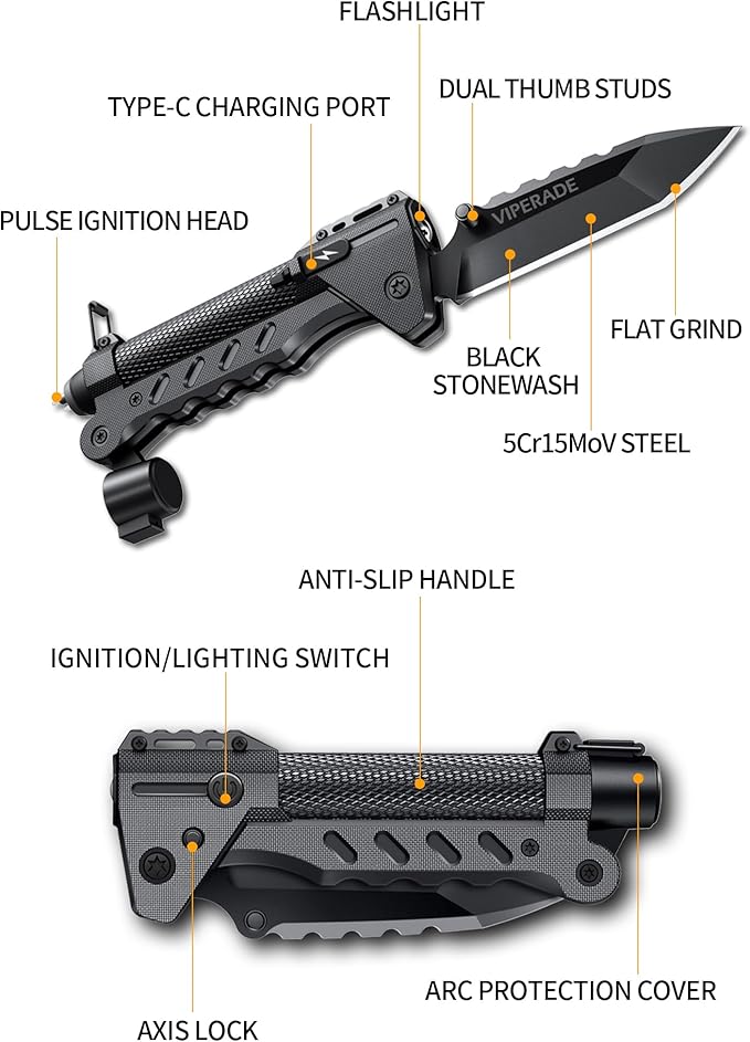 VIPERADE VAK6 Survival Multitool with Folding Knife LED Flashlight Pulse Ignition and Hand Crank Generator Camping Multitool Knife Rechargeable Flashlight with Belt Sheath