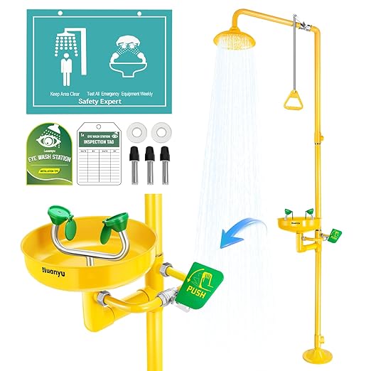 Huanyu Emergency Shower and Eyewash Station Safety Shower Eye Wash Station 304 Stainless Steel Commercial Eye Wash Kit Widened Deepened Basin with Emergency Sign Hospital Factory (1107Y)