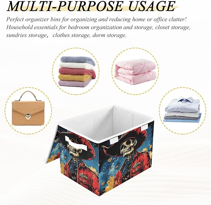 AIXIWAWA Lidded Storage Cube (Anime Skull Cowboy) Fabric Foldable Closet Bins with Flip Lid and Handles Organizer Basket Container 16.5 x 12.6 x 11.8 IN