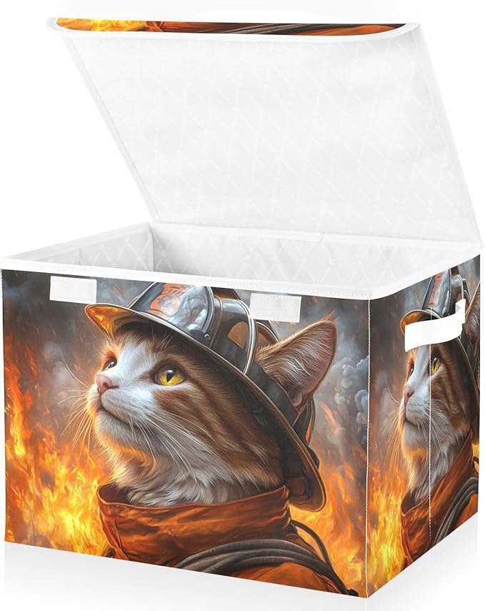 AIXIWAWA Lidded Storage Cube (Firefighter Cats) Fabric Foldable Closet Bins with Flip Lid and Handles Organizer Basket Container 16.5 x 12.6 x 11.8 IN