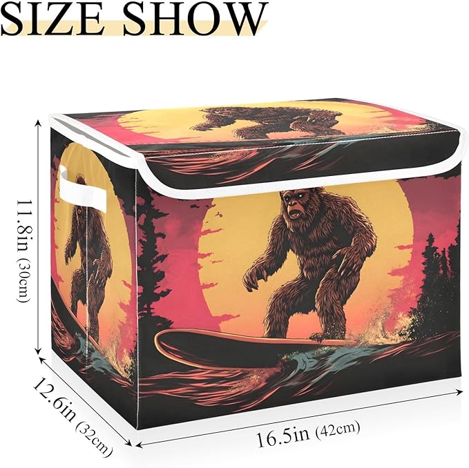 Storage Cube with Lid Surfing Sasquatch Print 16.5×12.6×11.8 IN 1 Pack Collapsible Large Capacity Foldable Storage Basket Bin Organizer