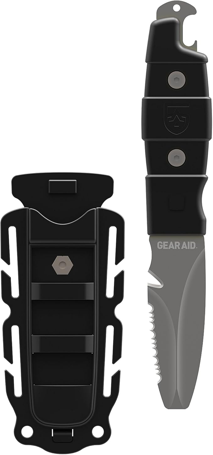 GEAR AID Akua Blunt Tip Paddle Knife with Serrated Blade and Quick Release Sheath Titanium-Coated 3” Blade