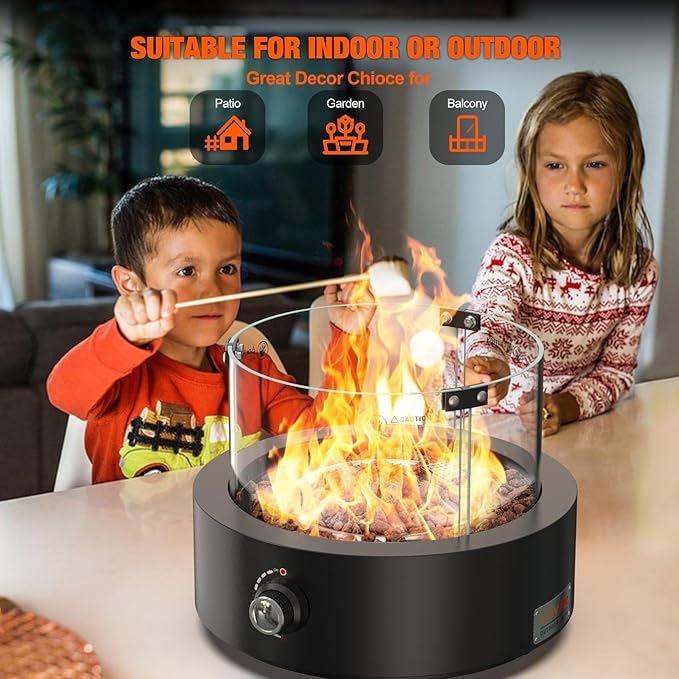 ONLYFIRE OUTDOOR LIVING 15.7 Portable Propane Gas Fire Pit Side-Mounted Modern Tabletop Fireplace Smokeless Firepit with Glass Wind Guard for Patio Camping RV Tailgating 23000BTU Round FP038