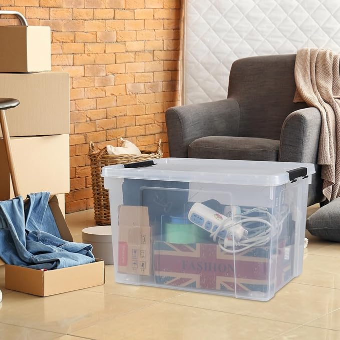 50 L Large Plastic Storage Bins with Latching Lids and Wheels 4-Pack Clear Stackable Boxes for Closet Garage