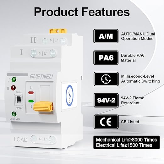 ATS Dual Power Automatic Transfer Switch 2P 63A 110V Manual Transfer Switch Uninterruptible Millisecond-Level ATS 50/60 Hz White CE