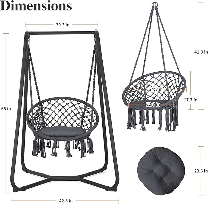 SUNCREAT Hammock Chair with Stand Included Heavy Duty Hanging Chair with Stand 330 lbs Capacity Patent Pending Grey