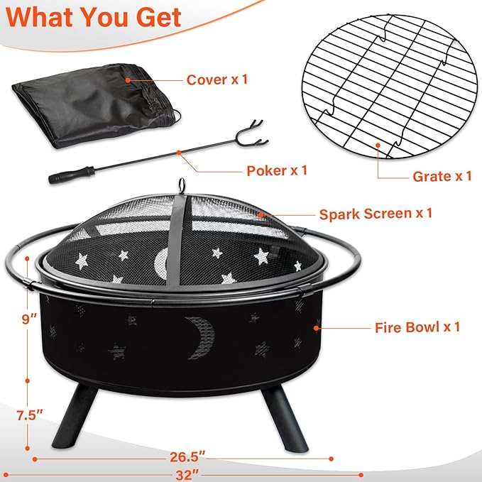 32 Inch Fire Pit Outdoor Fireplace 2 in 1 Metal Round Firepit for Outside Bonfire Party BBQ Camping Backyard Patio Garden Picnic w/Fire Poker Spark Screen Grate Cover (Moon&ampStar)