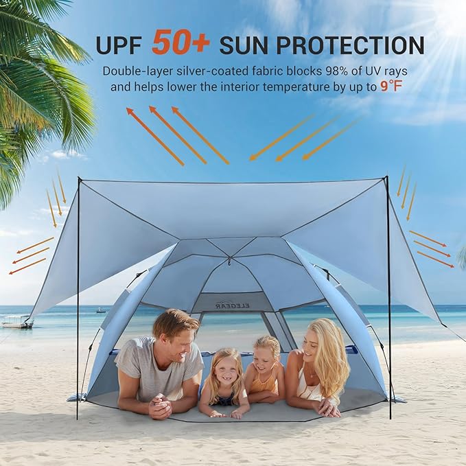 Elegear CumbreX™ Beach Tent with 360° Removable Canopy 4-6 Person Pop Up Sun Shade Shelter UPF 50+ Automated Installation Double Silver Coating Portable Lightweight Beach Cabana for Beach/Outdoor