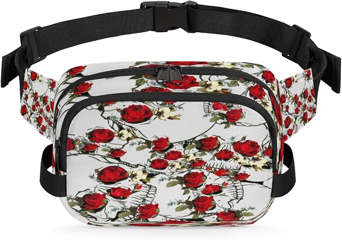 Rose Skulls Waterproof Fanny Pack for Women Men Adjustable Waist Bag with Double Zipper Pockets Lightweight Square Hip Pack for Running Travel Hiking Workout Cycling