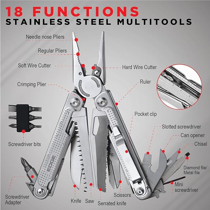 EDGE Multi-Tool Pliers 14-in-1 Stainless Steel Multitool with Knife Saw Scissors Wire Cutter &amp Screwdriver Bits Compact Folding Pocket Tool for Camping Survival Fishing &amp Car Emergency
