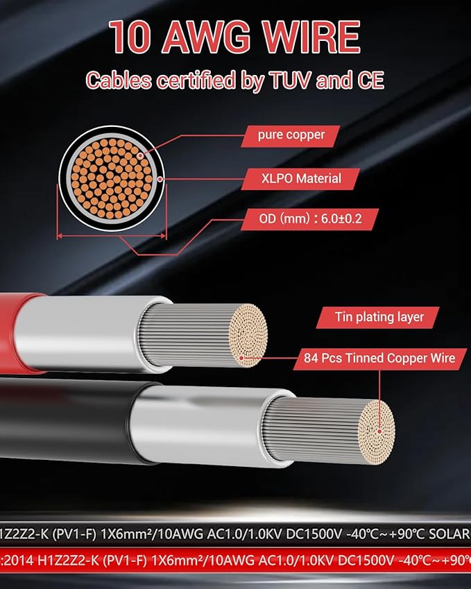 10AWG Solar Extension Cable 60FT Solar Panel Wire 10 Gauge Tinned Copper PV Wire with Waterproof Female and Male Connector for Home Marine RV Solar Photovoltaic Systems