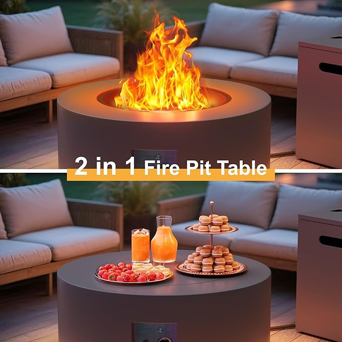 30' Outdoor Fire Pit Table with 50000 BTU Output Premium Gas Fire Pit Tables for Outside Patio Round Propane Fire Pit with Glass Stones Waterproof Cover (Grey/Warm Light 30 LED)