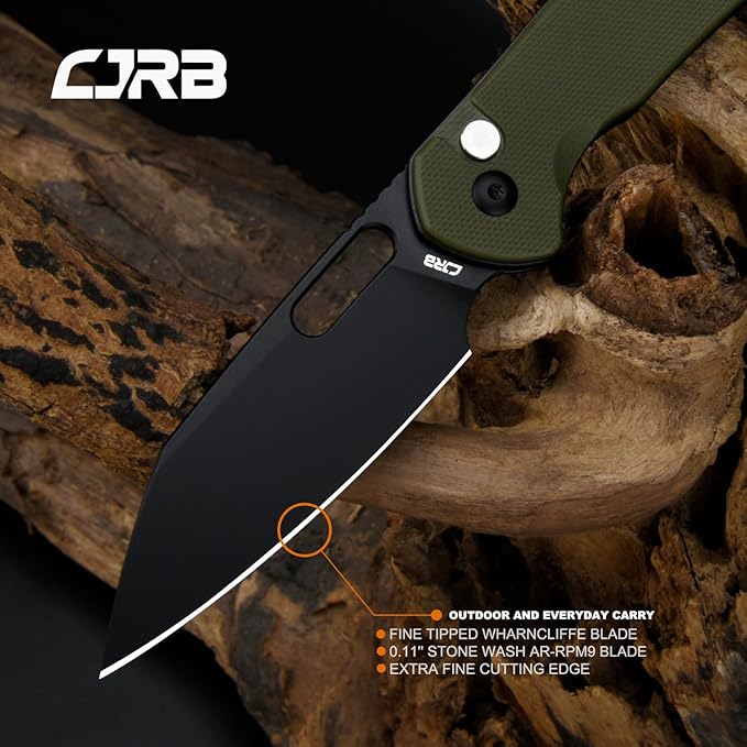 CJRB Pyrite-Alt (J1925A) Folding Pocket Knife with 3.11'' Black PVD AR-RPM9 Blade Green G10 HandleButton Lock EDC Knife with Thumb Hole for OutdoorHiking