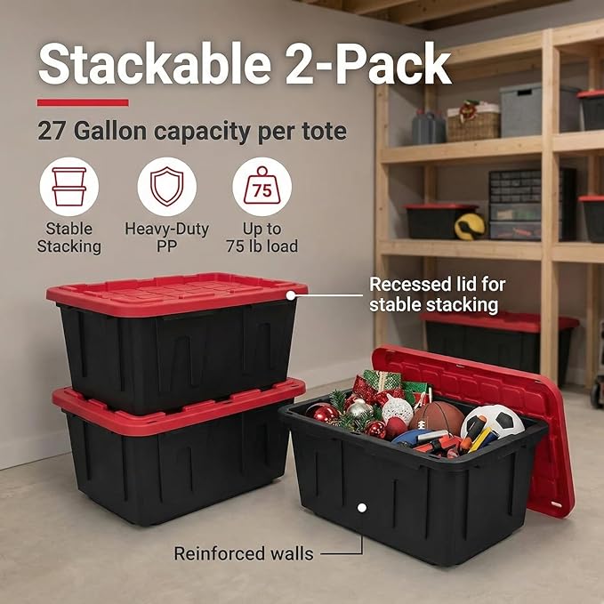 27 Gallon Heavy-Duty Storage Totes with Secure Snap Lids 2-Pack Stackable Plastic Bins for Garage Basement Attic Organization - Black Base &amp Red Lid Lockable Design for Indoor/Outdoor Use (2 P