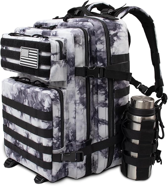 45L Large Tactical Military Backpack for Women and Men Assault Pack Army 3 Day Molle Bug Out Bag with Adjustable Water Bottle Holder Gym EDC Daypack Rucksack for Camping Motorcycle Balck White Camo