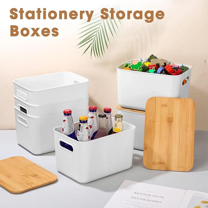 Geosar 6 Pcs Storage Bins with Bamboo Lids Plastic Storage Containers Stackable Box with and Handle with 6 Labels and Marker for Organizing Toys and More 10.1x7x6.69 In(WhiteClassic)