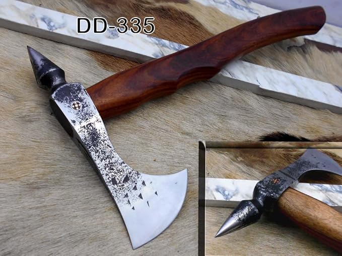 Damascus Depot Voyager Axe 15 Inches Long High Carbon Steel with Axe Head wit Walnut Wood Round Handle Bearded Hiking Battle Axe Thick Cow Hide Leather Sheath