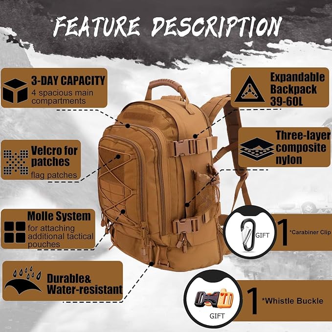 Military Tactical Backpack 3 Day Pack Expandable Backpack Army Daypack for Hiking Gym Sport Camping (Tan)