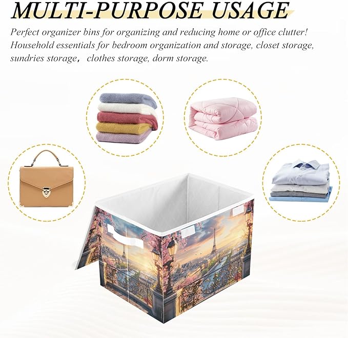 ALAZA Storage Bins Organizer Box Baskets Lidded Clothes for Shelves Closet Paris Spring Collapsible Stackable Storage Cubes Handles