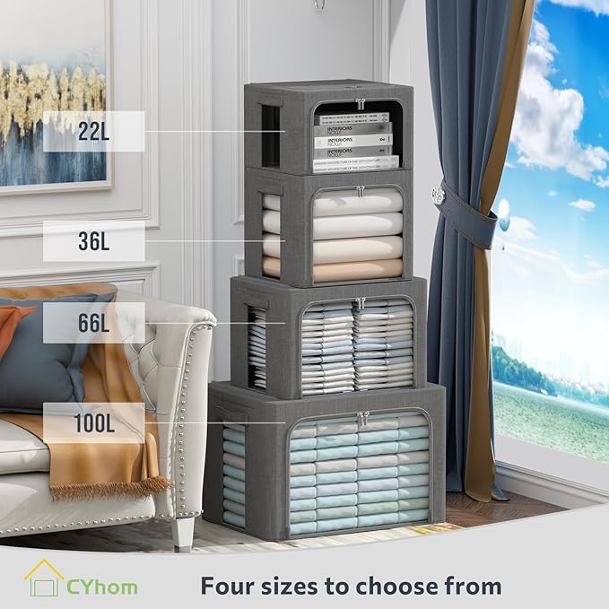 Clothes Storage Bins Box - Linen Fabric Foldable Stackable Container Organizer Set with Clear Window &amp Carry Handles &amp Metal Frame - 2Pack Large Capacity for Bedding Blankets Books
