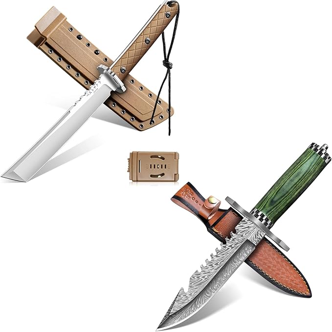 Purple Dragon Damascus Camping Knife &amp Japanese Tanto with Sheaths