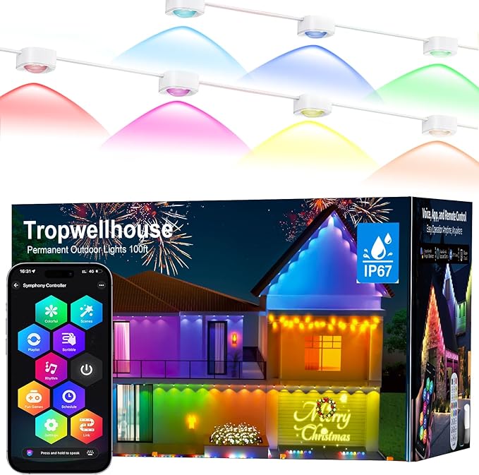 Permanent Outdoor Light Pro 50ft with 36 RGB+IC LED Lights 90 Scene Modes AI Light Design IP67 Waterproof for Halloween Christmas Decor and Daily Lighting Work with Alexa Google