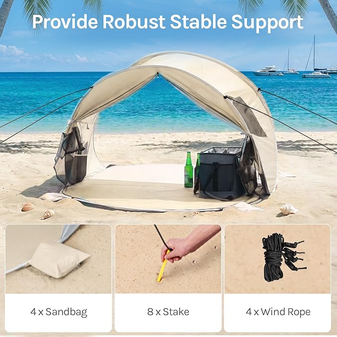 Wolfwise Pop up Beach Tent Sun Shelter with UPF50+ UV Protection Instant Easy Setup Popup Beach Shade Canopy for 2 Person Portable &amp Foldable with Carring Bag 79 ×49×38 in Beige