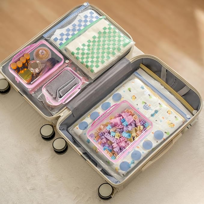 Bottom-Deepened-3 Pack Clear Hard Shell Zipper Case L+M+SPortable Zipper Bags Waterproof Cosmetics BagsOrganizer Pouch For SnacksToyDiapersTravelPink