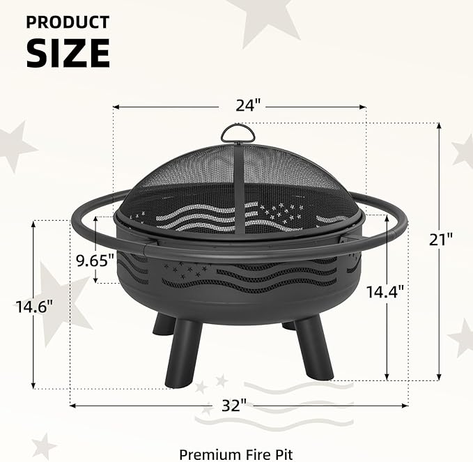 Breezz 32 Inch American Flag Fire Pit with Mesh Cover &amp Poker Round Metal Wood Burning Outdoor Firepit for Patio Garden Backyard Bonfire Ideal for 4th of July Memorial Day Christmas