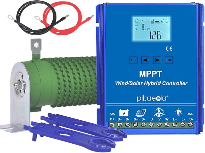 PIKASOLA 1400W Off Grid with Unloader Hybrid Wind Solar Controller Auto 12/24V Battery MPPT Charge Boost Float of max 800w Wind Turbine Generator 600w Solar Panel Home Street Light Controller