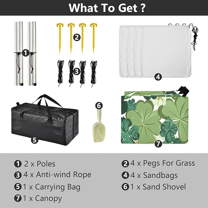 St Patrick's Shamrocks Floral Beach Tent Sun Shelter Set UPF50+ UV Protection 10.5 x 9.19 FT Camping Shade Canopy with Sandbags Sand Anchors Carrying Bag and Others