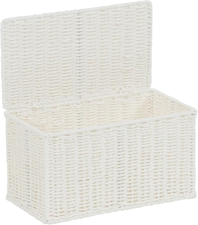 Household Essentials Small Wicker Basket with Lid Multipurpose Storage Basket for Bathrooms Shelves Desks Vanities Closets and More White
