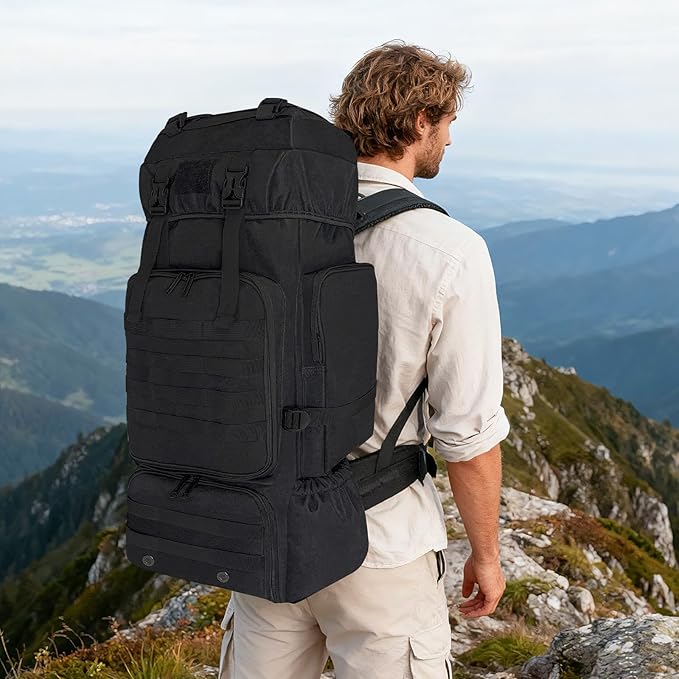 70L Hiking Backpack for Men Women Camping bag with Shoe Compartment Large Military Tactical Backpack MOLLE Rucksack Sport Travel Backpacking Daypack (Black)