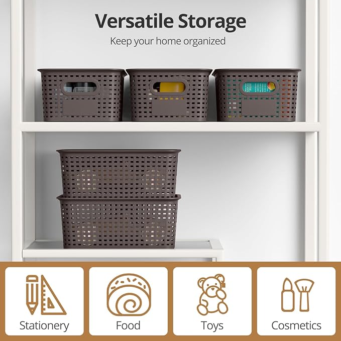 Plastic Storage Basket with Lid Stackable Small Box Bins for Organizing and Containers for Shelves Drawers Desktop Closet Playroom Pantry Classroom Office Home 8 Pack 10.2x7.2x4.1 Inch Brown
